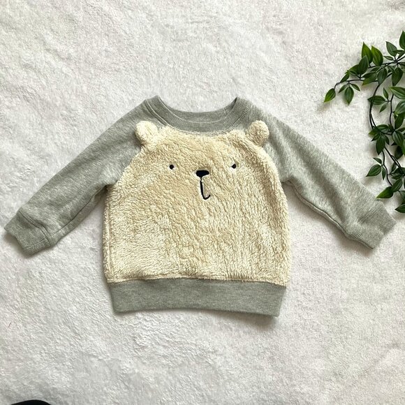 Baby Gap Fuzzy Bear Sherpa Sweatshirt 6-12M | Neutral Grey Cozy Fall Top VGUC - Picture 1 of 16